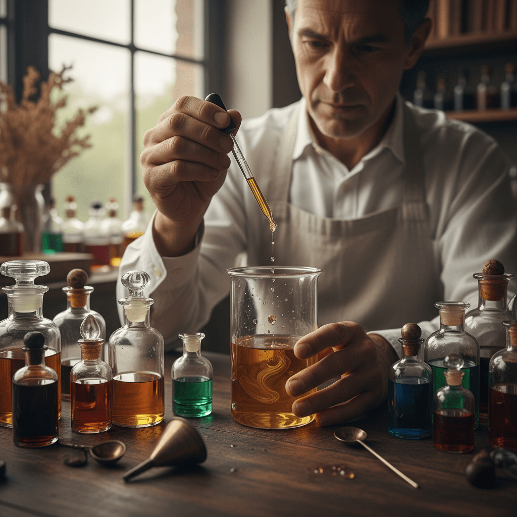 Close-up of artisan perfumer carefully measuring essential oils into glass beaker in minimalist laboratory setting